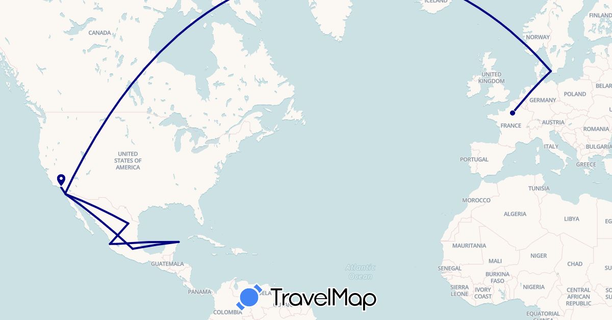 TravelMap itinerary: driving in Denmark, France, Mexico, United States (Europe, North America)